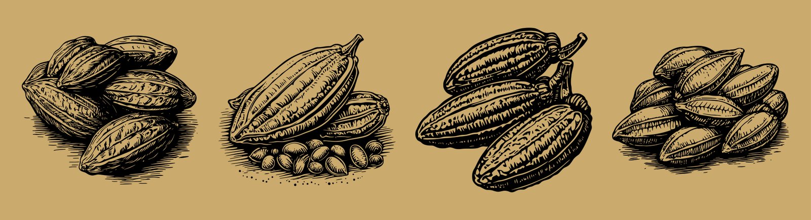 Ilustraciones botánicas de mazorcas de cacao